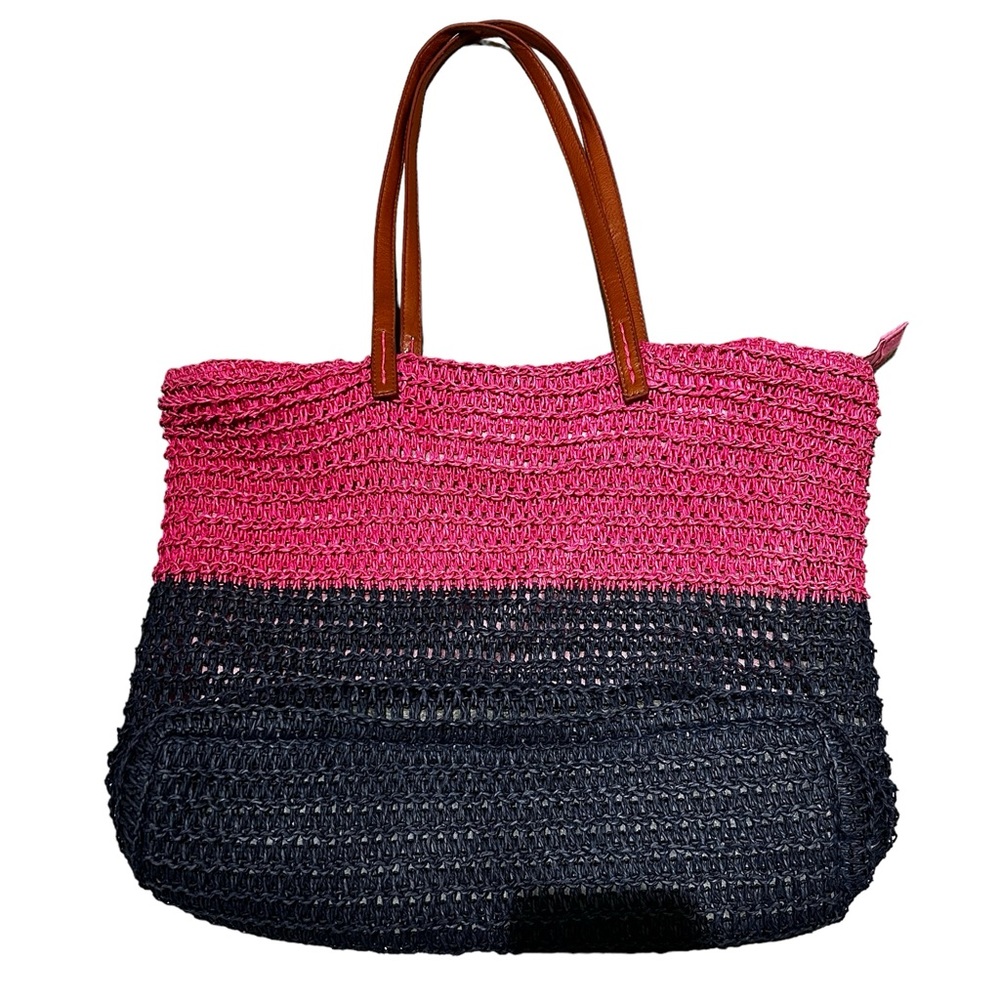 Pink/Navy woven straw tote bag